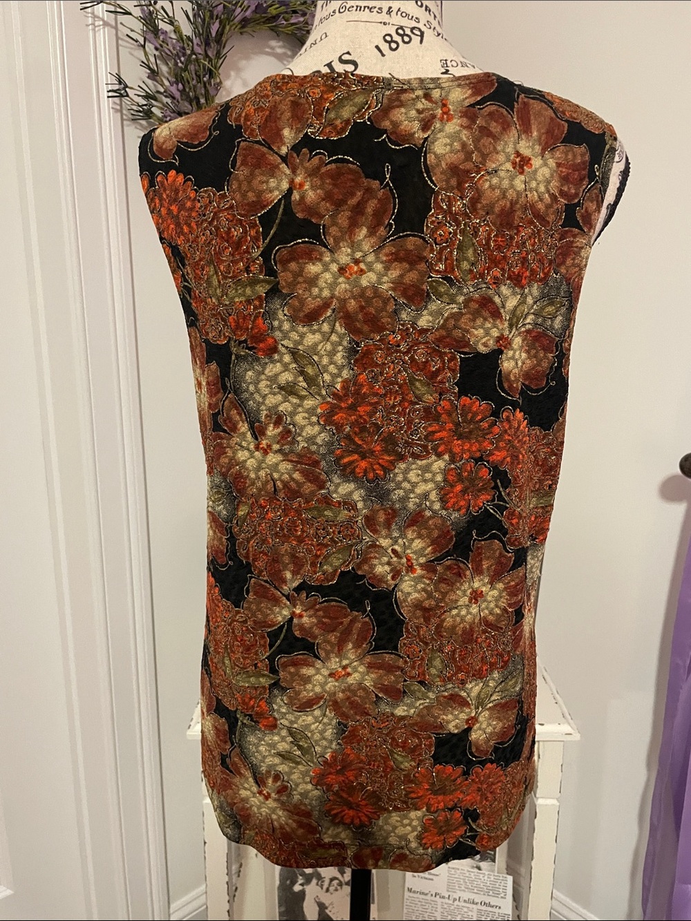 Chico's Black Floral Sleeveless Tunic with Rust and Olive Accents - Picture 3 of 6